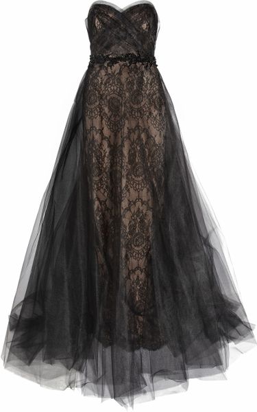 Marchesa Strapless Tulle and Lace Gown in Black - Lyst