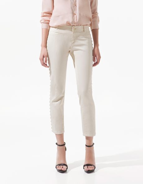 Zara Studded Capri Pants with Piping in Beige (cream) | Lyst