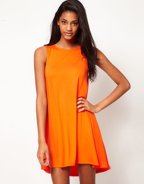 Asos Collection Asos Mini Swing Dress with Dipped Hem in Orange - Lyst