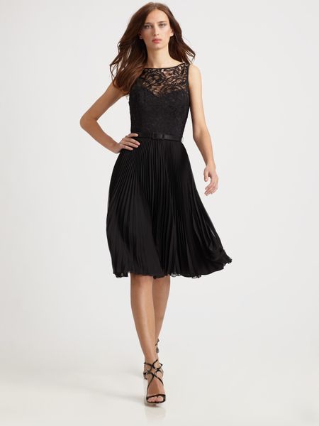 Theia Pleated Lace Dress In Black Lyst 