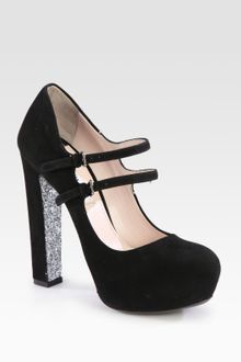 Miu Miu Suede Glitter Sole Double Buckle Mary Jane Pumps - Lyst