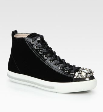 Miu Miu Velvet Rhine Stone High Top Sneakers - Lyst