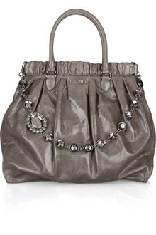 Miu Miu Crystal Chain Strap Textured Leather Tote - Lyst