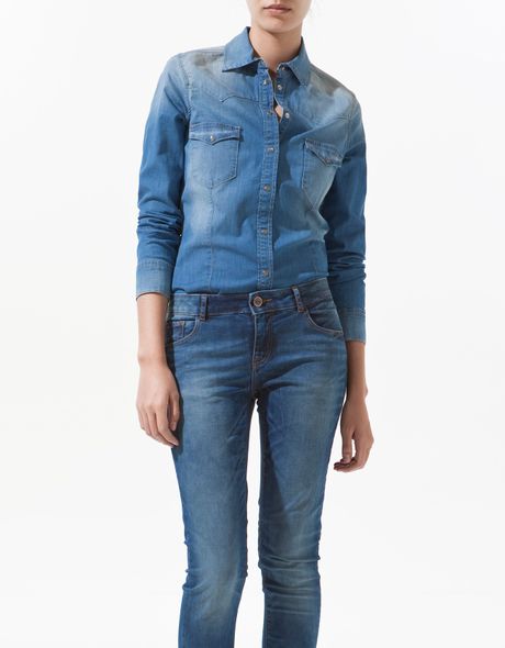 Zara Medium Blue Denim Shirt in Blue - Lyst