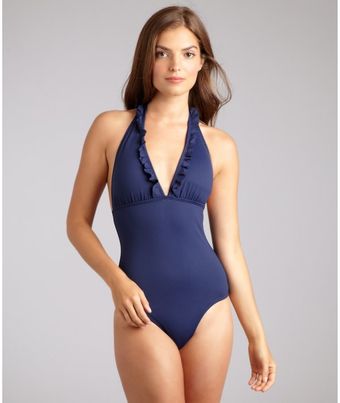Ondademar Navy Ruffle Trim Stretch Nylon One Piece - Lyst