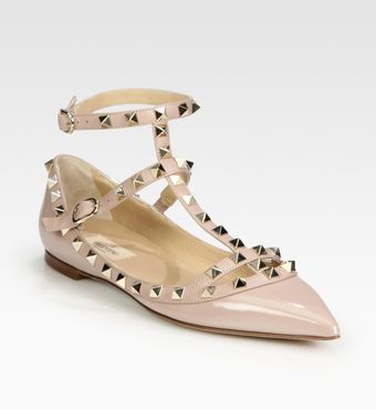 Valentino Rockstud Patent Leather T-Strap Flats - Lyst
