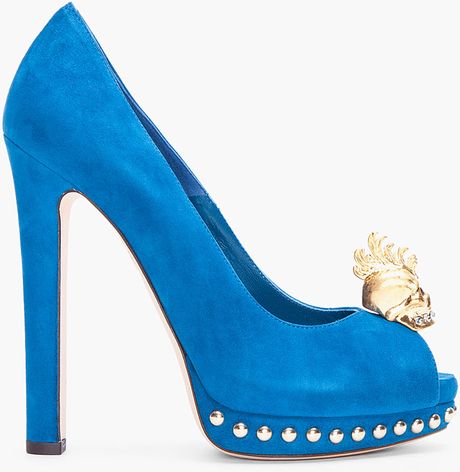 Alexander Mcqueen Blue Suede Skull Pumps in Blue - Lyst