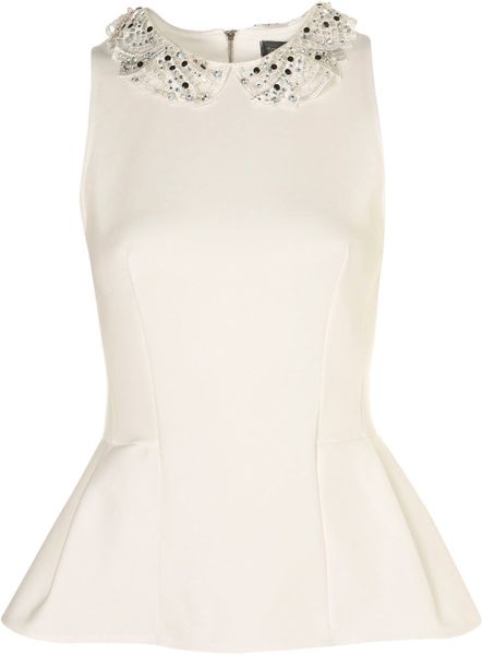 Topshop Embellished Collar Peplum Top in White (ivory) - Lyst