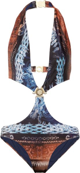 Balmain Printed Cutout Halterneck Swimsuit in Blue (navy) - Lyst