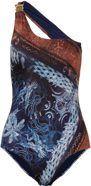 Balmain Printed Oneshoulder Swimsuit in Blue (navy) - Lyst