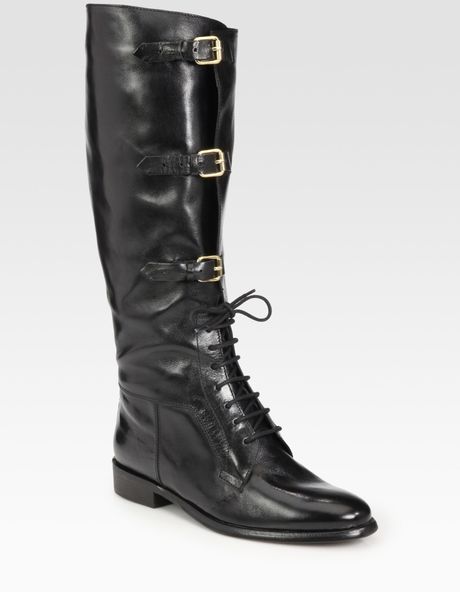 Burberry Leather LaceUp KneeHigh Boots in Black - Lyst