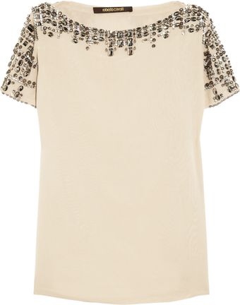 Roberto Cavalli Crystal Embellished Silk Top - Lyst