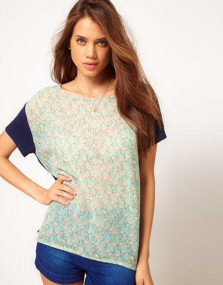 Asos Collection  Top with Flamingo Woven Front in Blue (multi) - Lyst