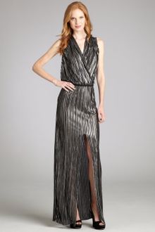 L'Agence Silver Stripe Pleated High Slit Sleeveless Maxi Dress - Lyst