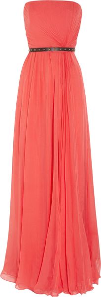 Gucci Belted Silk Chiffon Strapless Gown in Red (coral) - Lyst