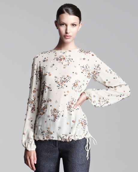 Lela Rose Beaded Chiffon Blouse in White (ivory) - Lyst