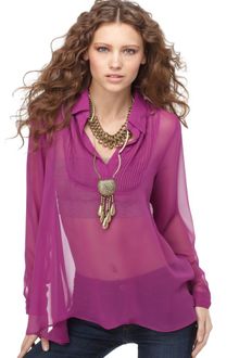 Free People V Neck Long Sleeve Pleated Sheer Georgette Blouse - Lyst