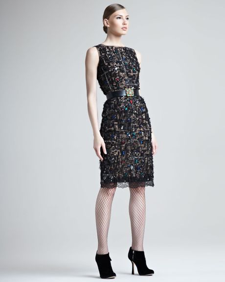 Oscar De La Renta Jeweled Lace Dress in Black - Lyst