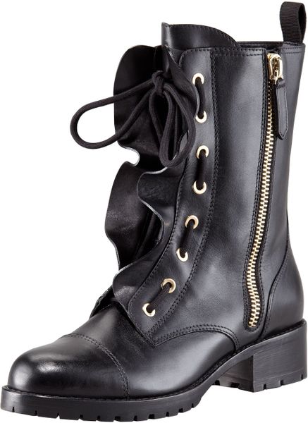 Valentino Ruffled Laceup Biker Boot in Black - Lyst