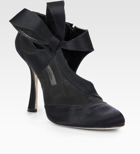 Oscar De La Renta Satin and Mesh Bow Ankle Boots in Black - Lyst
