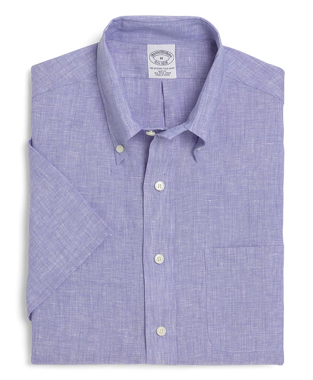 Brooks Brothers Slim Fit Irish Linen Short Sleeve Sport Shirt in Blue