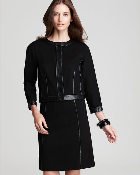 Dkny Three Quarter Sleeve Leather Trim Cardi Jacket in Black - Lyst