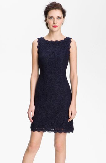 Adrianna Papell Boatneck Lace Sheath Dress - Lyst