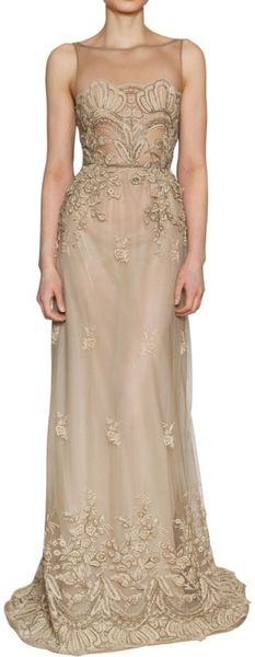 Luisa Beccaria Lace On Silk Tulle Long Dress in Beige - Lyst