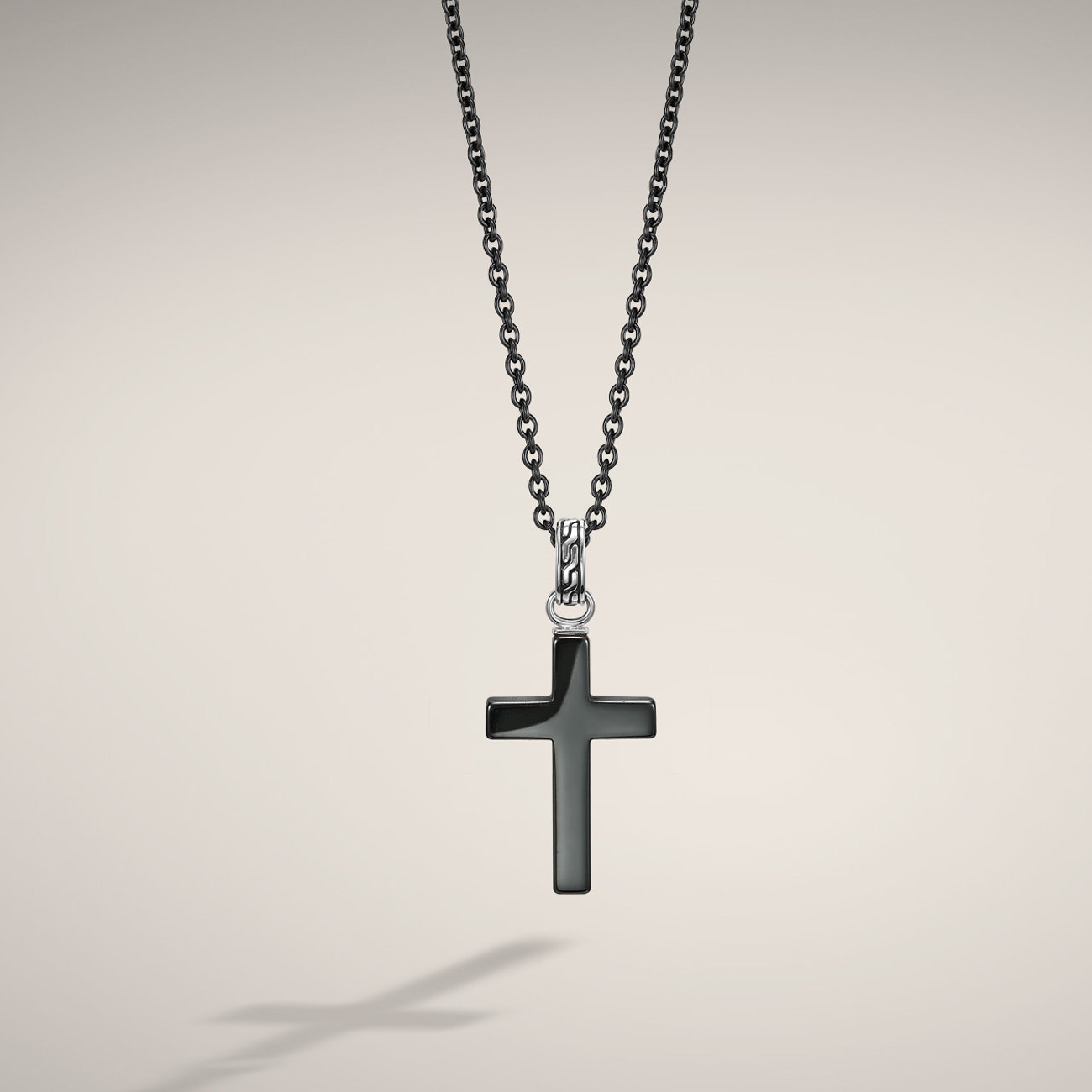 John Hardy Cross Pendant On Black Stainless Steel Necklace in Silver