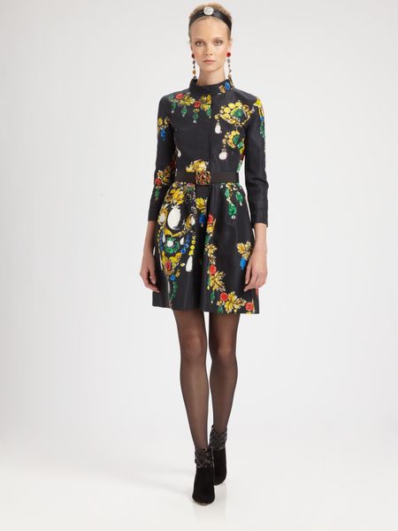 Oscar De La Renta Bijou Print Silk Dress in Multicolor (black) - Lyst