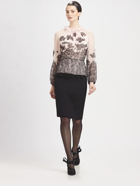 Oscar De La Renta Lacetrimmed Silk Blouse in Beige (rose) - Lyst
