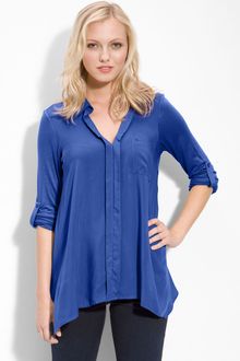 Pleione Split Neck Roll Sleeve Mixed Media Top - Lyst