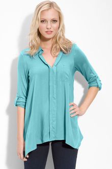 Pleione Split Neck Roll Sleeve Mixed Media Top - Lyst