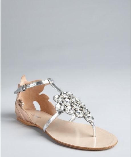 Miu Miu Silver and Rose Gold Leather Crystal Tstrap Sandals in Silver - Lyst