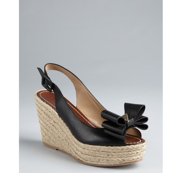 Valentino Black Leather Bow Detail Espadrille Wedges in Black | Lyst