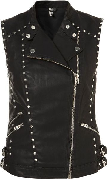 Topshop Sleeveless Studded Biker in Black - Lyst