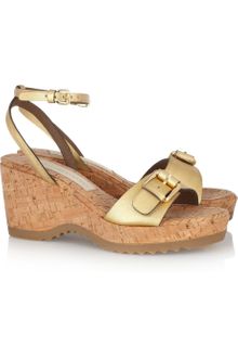 Stella McCartney Metallic Faux Leather and Cork Wedge Sandals - Lyst