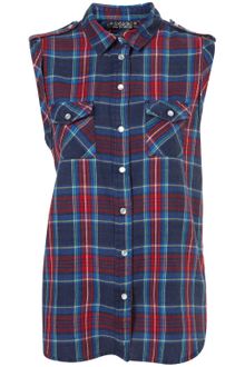 Topshop Sleeveless Tab Shoulder Check Shirt - Lyst