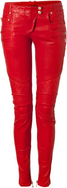 Balmain Lipstick Lowrise Skinny Leather Pants in Red - Lyst