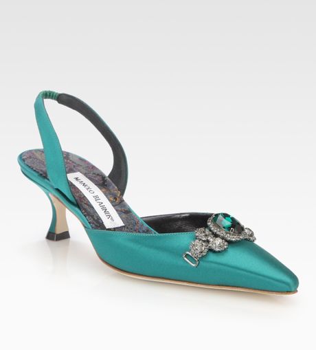 Manolo Blahnik Carolyne Satin Jeweled Slingback Pumps in Green | Lyst