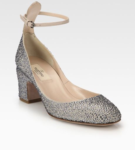 Valentino Crystalcoated Suede Ankle Strap Pumps in Silver - Lyst