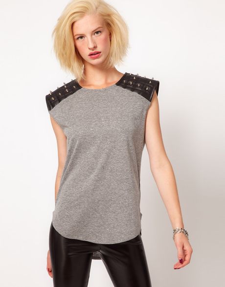 Asos Collection  Tshirt with Pu Stud Shoulder in Gray (grey) - Lyst