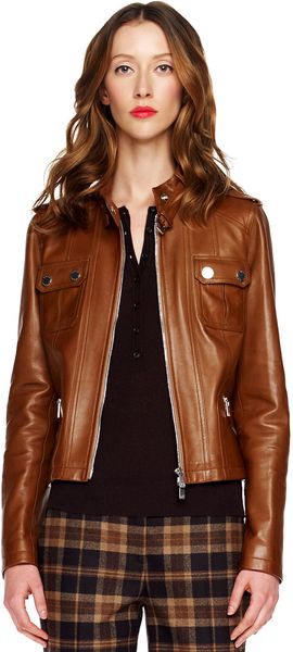Michael Kors Leather Motorcycle Jacket in Brown - Lyst