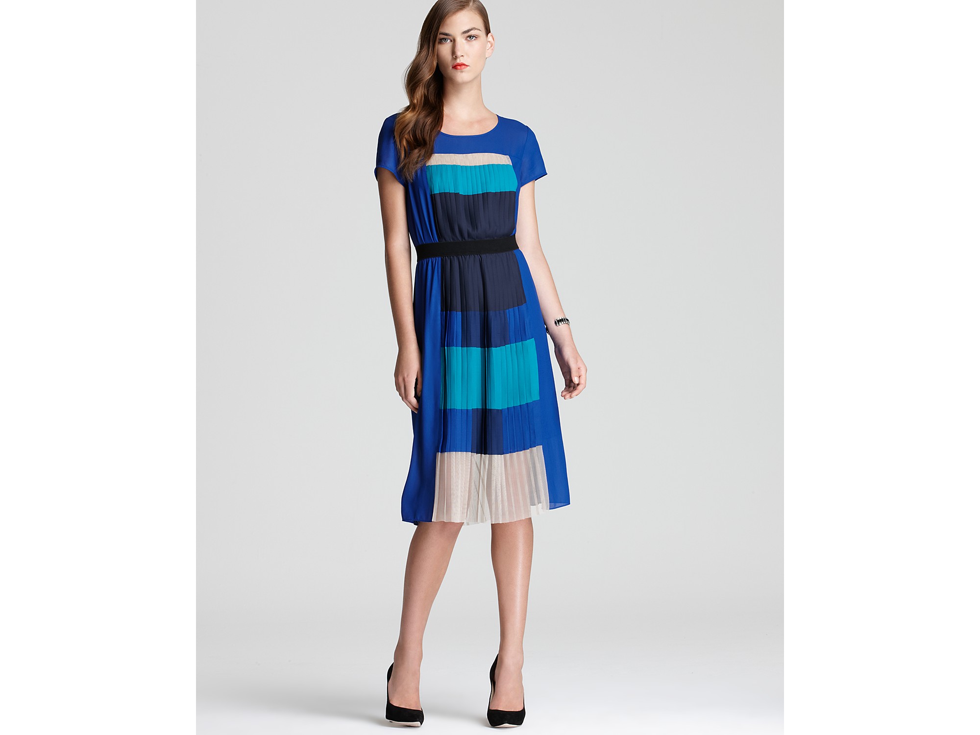 Bcbgmaxazria Pleated Dress Vanessa Color Block in Blue (royal blue combo) Lyst