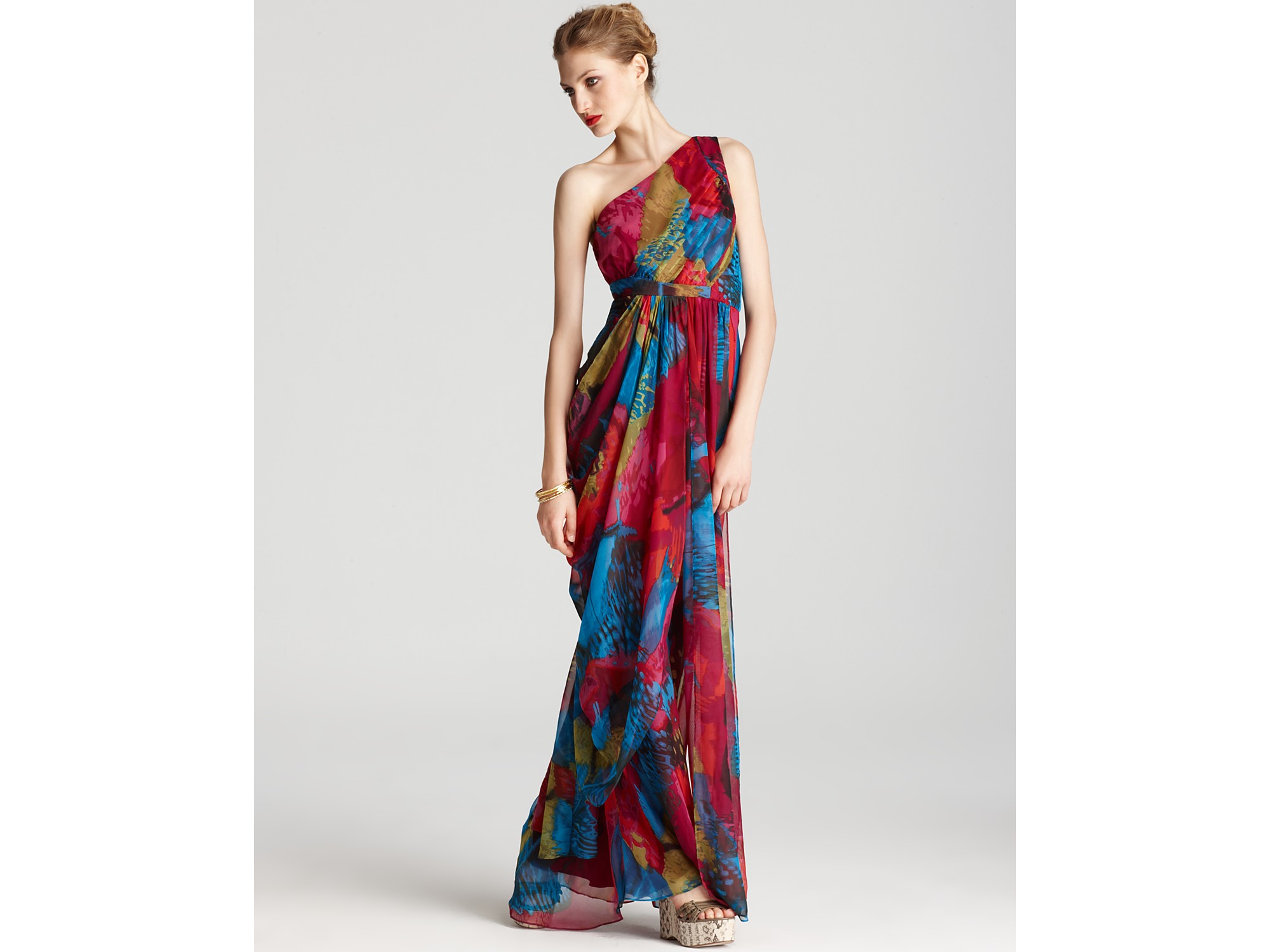 Laundry By Shelli Segal One Shoulder Gown Side Drape in Multicolor (red plum multi) Lyst