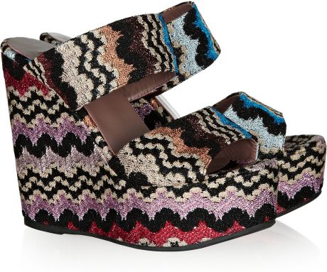 Missoni Crochet and Leather Wedge Sandals in Multicolor (pink) - Lyst