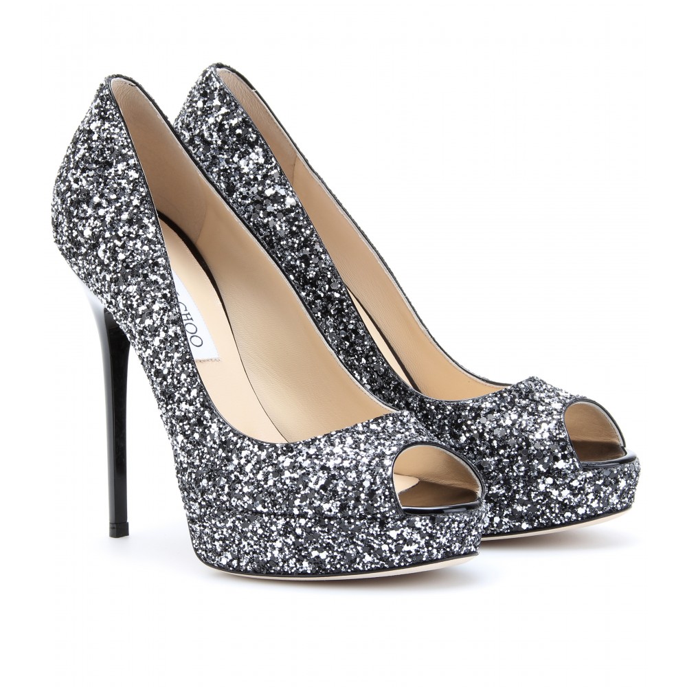 silver glitter peep toe heels by Jimmy Choo