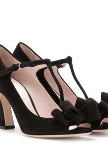 Miu Miu Suede Tstrap Bow Mary Janes with Flared Heels - Lyst