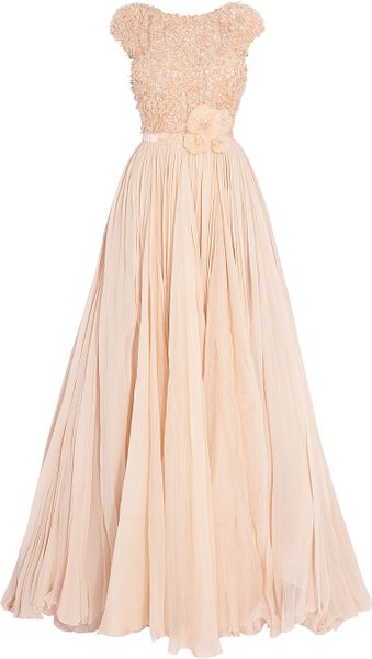 Elie Saab Cap Slv Embd Top Asym Broach in Beige - Lyst