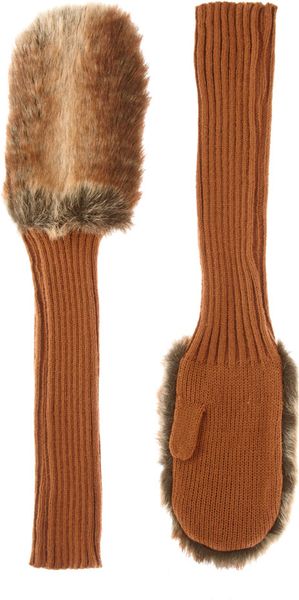 Asos Faux Fur and Knit Mittens in Brown (tobacco) | Lyst